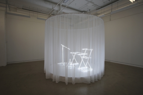MICHAEL&nbsp;A. ROBINSON |&nbsp;E.T.Y.N.T.G.S. (EVERYTHING YOU NEED TO GET STARTED) |&nbsp;SUPPORT FIXTURE,&nbsp;LED LIGHTS, TRANSPARENT CURTAIN, WOODEN STAGE | 100.8 X 114 INCHES | INSTALLATION VIEW | DIAGONALE | MONTREAL | 2018