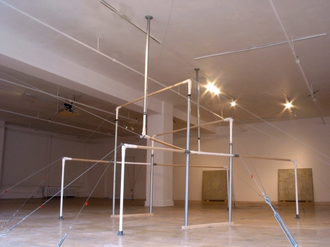 MICHAEL&nbsp;A. ROBINSON | EQUAL TO MY OWN&nbsp;EQUATION | WOOD, STEEL, SUSPENSION CABLES, VINYL | VARIABLE DIMENSIONS | 2006, &nbsp;