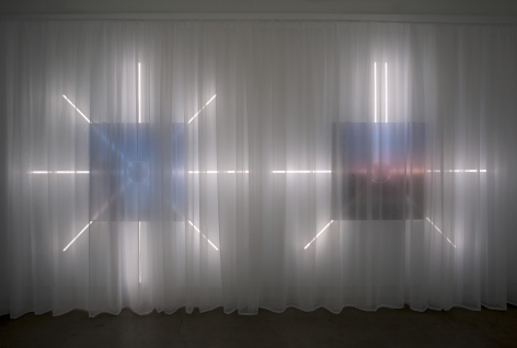 MICHAEL&nbsp;A. ROBINSON | #BEACH AND #LONGSUMMERNIGHTS |&nbsp;SOCIAL MEDIA LOADING IMAGES,&nbsp;LED LIGHT FIXTURES, TRANSPARENT CURTAIN | 120 X 240 INCHES | INSTALLATION VIEW | DIAGONALE | MONTREAL | 2018