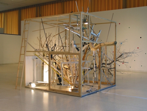 MICHAEL&nbsp;A. ROBINSON | OEUVRE RIRE LA FEU NA&Icirc;TRE (TREE HOUSE) | BRANCHES, ELECTRONIC SINGING BIRDS, LAMPS, MAQUETTE, DRAWING TABLE | 78 X 78 INCHES | 2006, &nbsp;