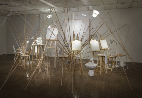 MICHAEL&nbsp;A. ROBINSON | TROU BLANC (WHITE HOLE) | WOOD, WHITE PAINTINGS, VARIOUS WHITE OBJECTS, ART SUPPLIES, BRANCHES, LAMPS, ETC. | VARIABLE DIMENSIONS | 2012